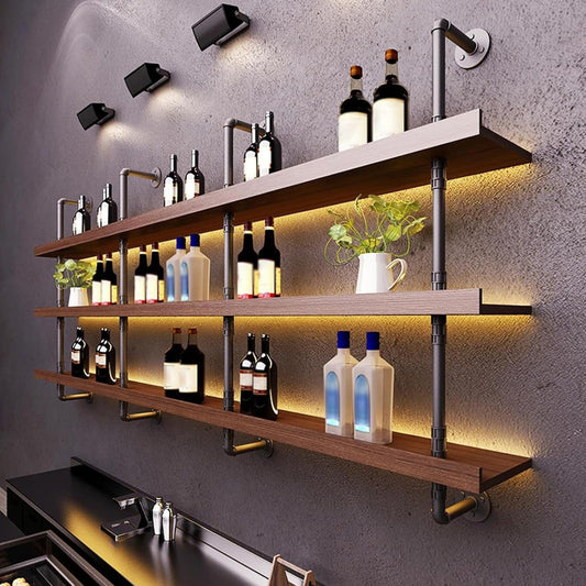 Dawselod Large Wine Rack with LED Light Solid Wood Wall Mounted Wine Rack, 3-Tiers Liquor Bottles Floating Shelves Display Storage Organizer for Home Bar & Dining Room (120cm/47.2in)