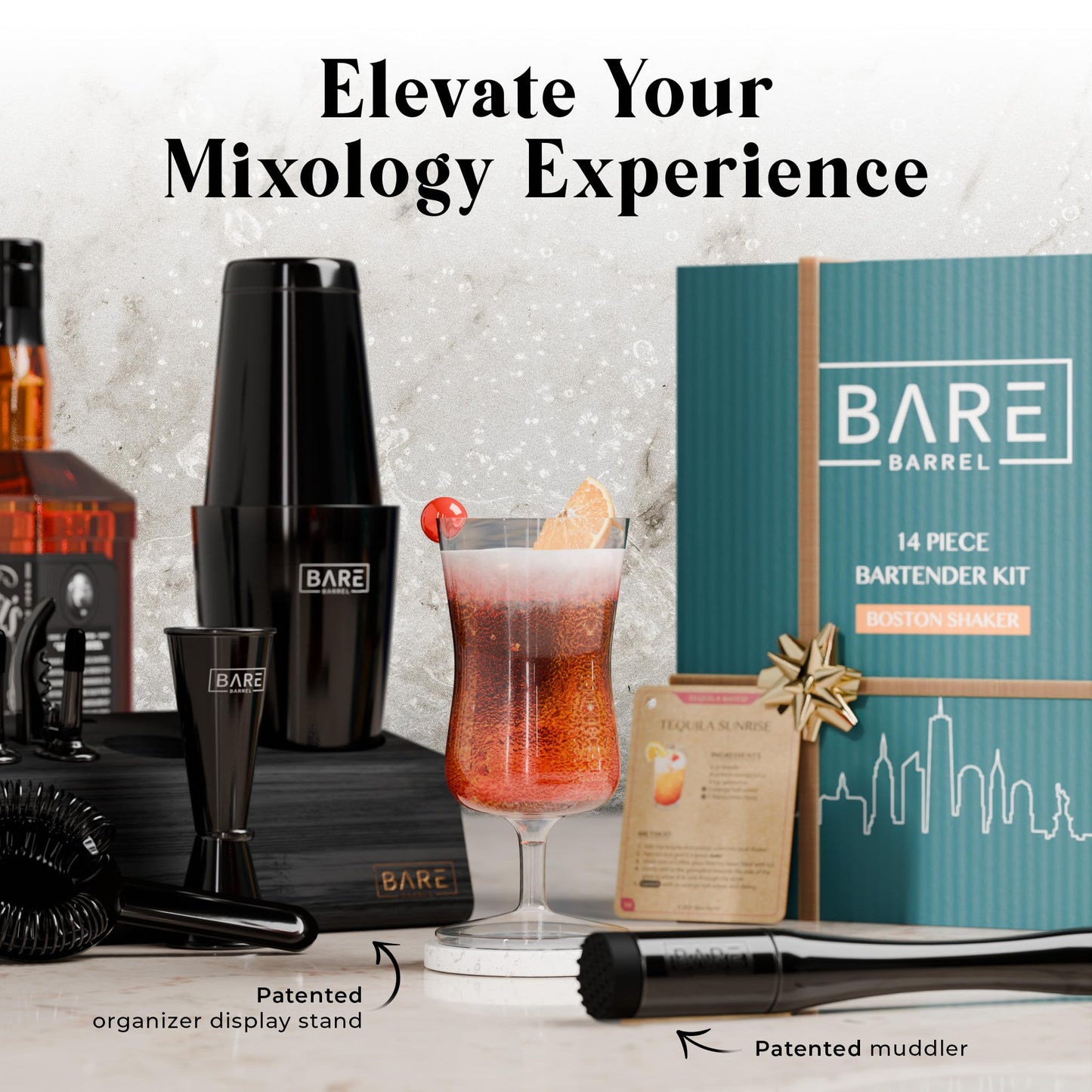 BARE BARREL® Mixology Bartender Kit Bar Set | 14-Piece Cocktail Shaker Set | Martini Barware Mixing Tools for Home Bartending | Incl. 35 Recipe Cards | Gift Set (28oz Boston Shaker, Jet Black/Black)