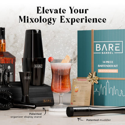 BARE BARREL® Mixology Bartender Kit Bar Set | 14-Piece Cocktail Shaker Set | Martini Barware Mixing Tools for Home Bartending | Incl. 35 Recipe Cards | Gift Set (28oz Boston Shaker, Jet Black/Black)