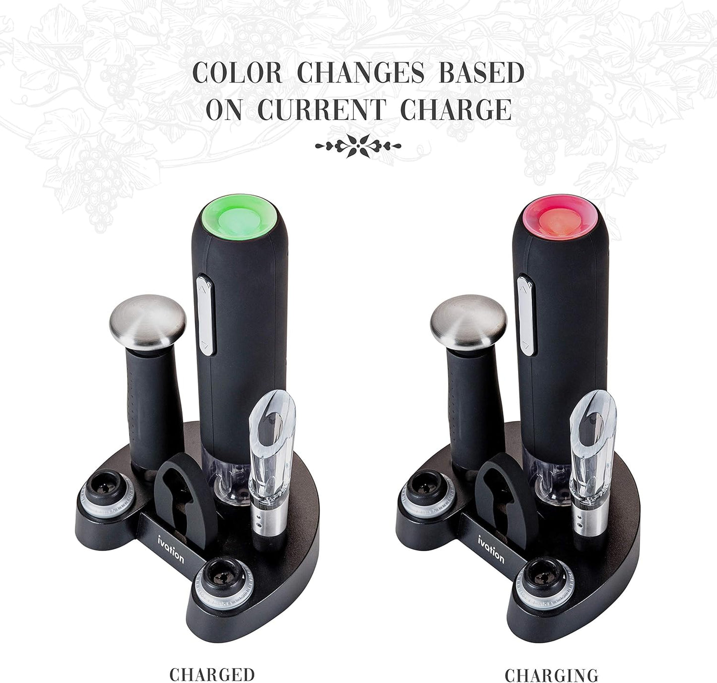 Ivation Wine Gift Set – Includes Electric Opener, Aerator, Vacuum Preserver, 2 Stoppers, Foil Cutter & Charging Base