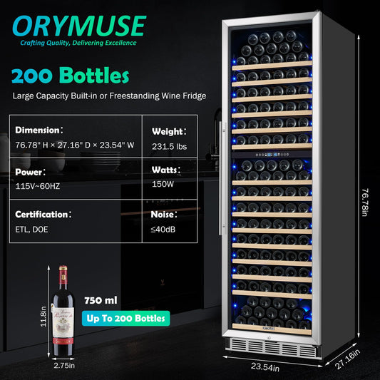 ORYMUSE 200 Bottle Dual Zone Wine Fridge - 24 Inch Large Wine Cooler Refrigerator, Freestanding and Built-in Design, Upgraded Compressor Cooling, Intelligent Temperature Memory