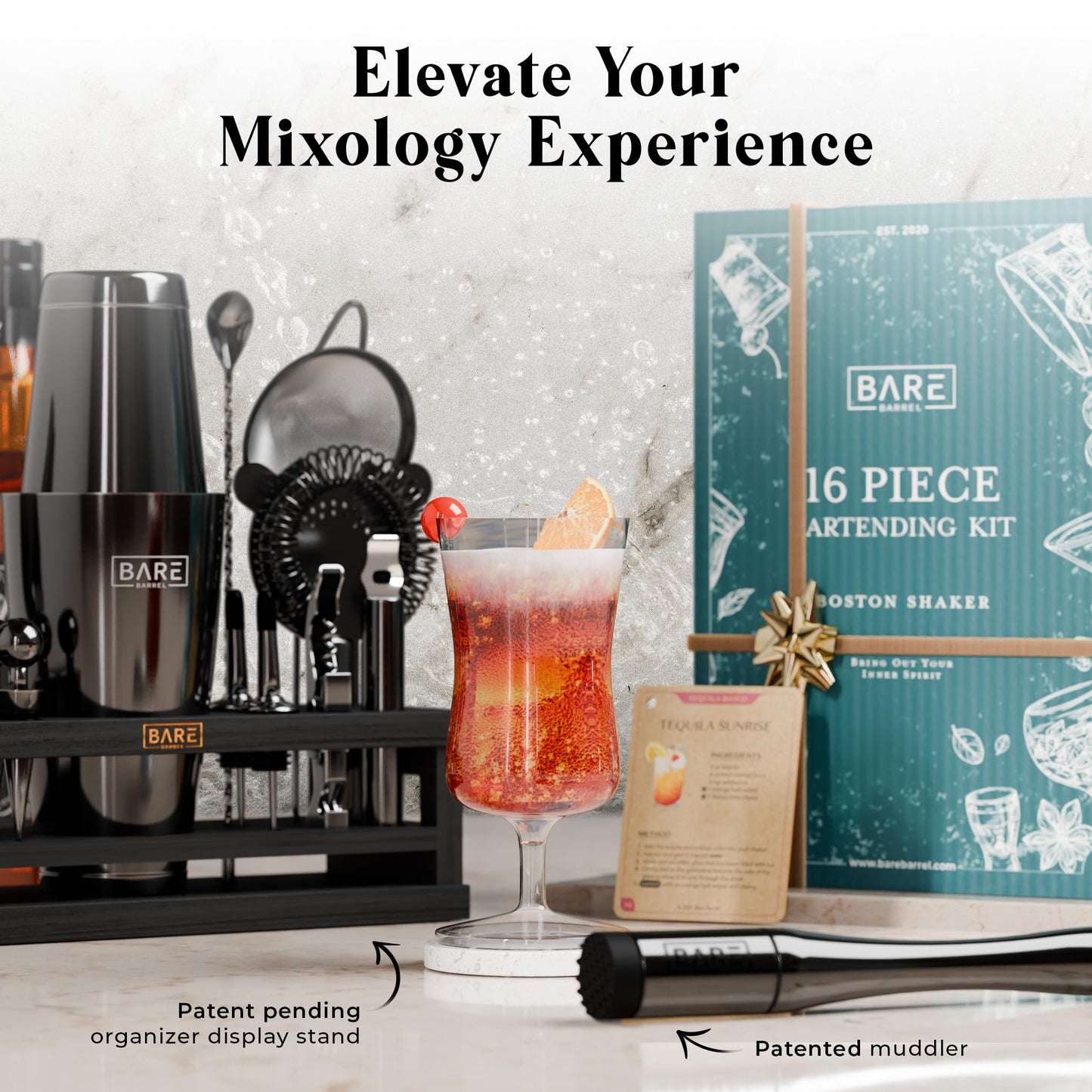 BARE BARREL® Mixology Bartender Kit Bar Set | 16-Piece Cocktail Shaker Set | Martini Barware Mixing Tools for Home Bartending | Incl. 35 Recipe Cards | Gift Set (28oz Boston Shaker, Jet Black/Black)