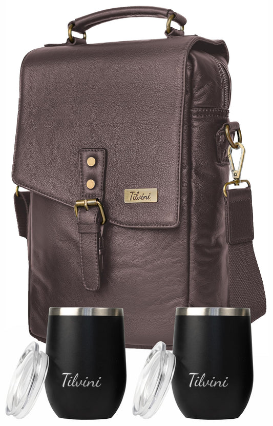tilvini Insulated Leather Wine Bag & 2 Wine Tumblers Set. Leather Wine Bottle Carrier Tote. Wine Gifts For Men. Picnic Bag, Beach Wine Cooler Bag. Airplane Travel Byo Wine Carrier Case Couples Gift