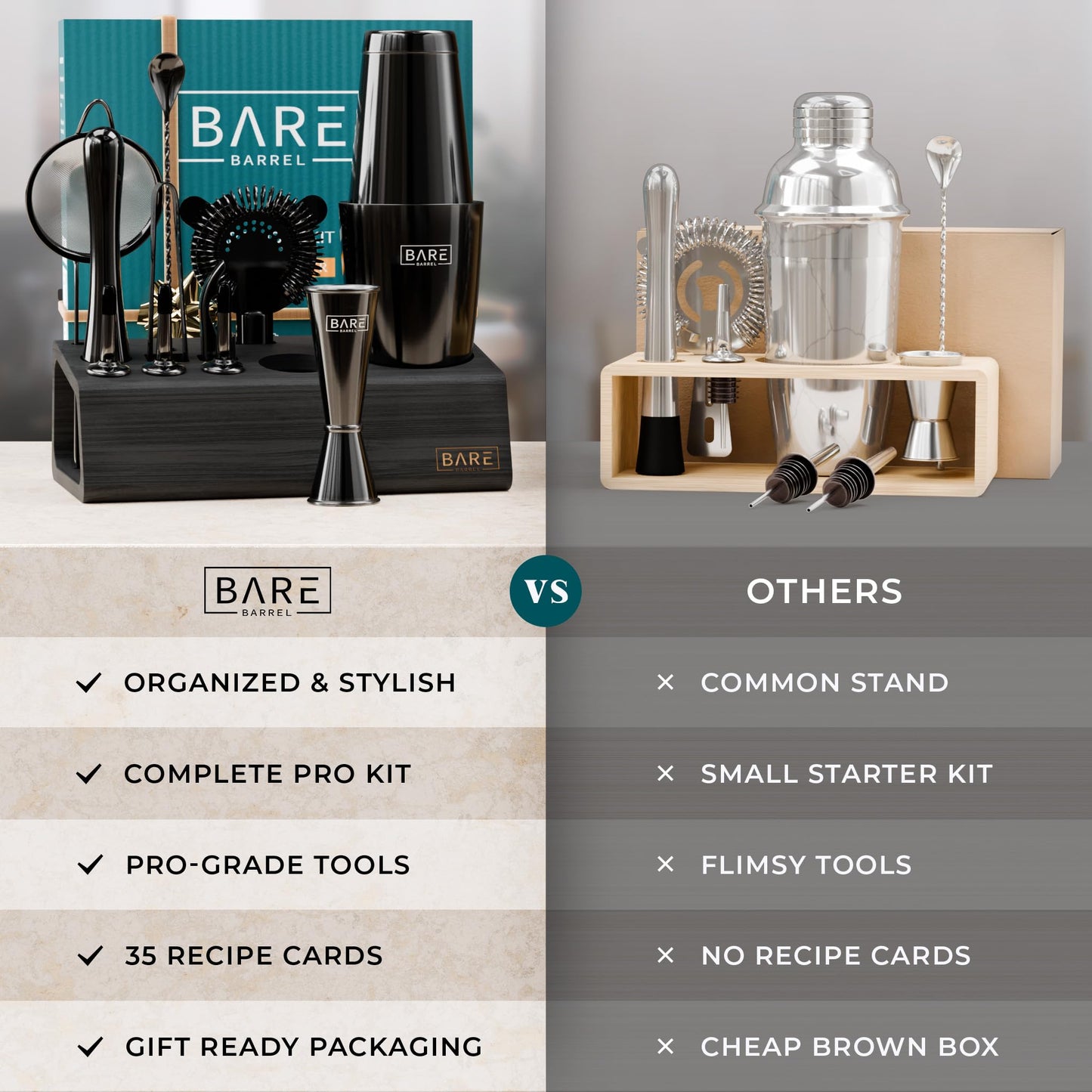 BARE BARREL® Mixology Bartender Kit Bar Set | 14-Piece Cocktail Shaker Set | Martini Barware Mixing Tools for Home Bartending | Incl. 35 Recipe Cards | Gift Set (28oz Boston Shaker, Jet Black/Black)