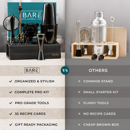 BARE BARREL® Mixology Bartender Kit Bar Set | 14-Piece Cocktail Shaker Set | Martini Barware Mixing Tools for Home Bartending | Incl. 35 Recipe Cards | Gift Set (28oz Boston Shaker, Jet Black/Black)
