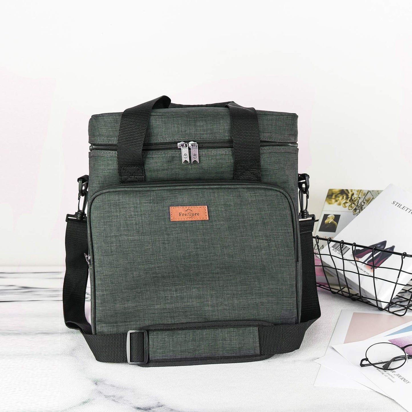 Freshore® Insulated Wine Carrier 6 bottle Bag Tote Removable Padded Divider - Portable Travel Padded Cooler Carrying Canvas Case Adjustable Shoulder Strap - (Dark Green)