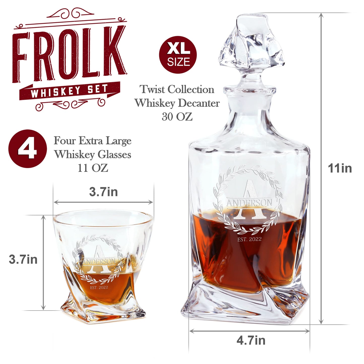 Personalized Whiskey Decanter and Glasses Set - Customized Gift for Him - Fathers Day Gift for Men, Dad, Father, Brother, Son - Engraved Twisted Whiskey Decanter, 4 XL Glasses in Wooden Gift Box
