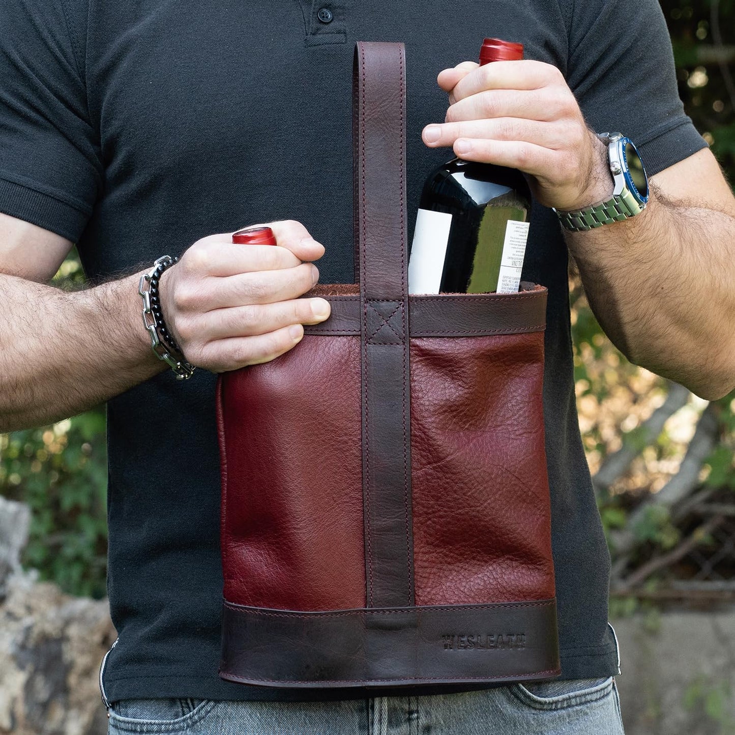 WESLEATH Double Wine Carrier Bag – Leather Wine Tote for Two Bottles with Handles & Metal Buckle – Protective Carrier for Picnic, Wine Champagne Gift Bag (Merlot)