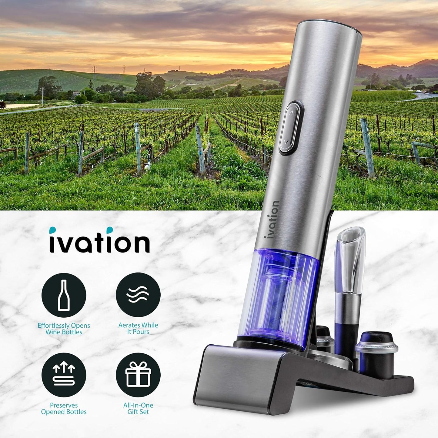 Ivation 6- Piece Electric Wine  Opener Gift Set – Stainless Steel Electric Opener, Vacuum Preserver, 2 Cork Stoppers, Foil Cutter & Charging Base