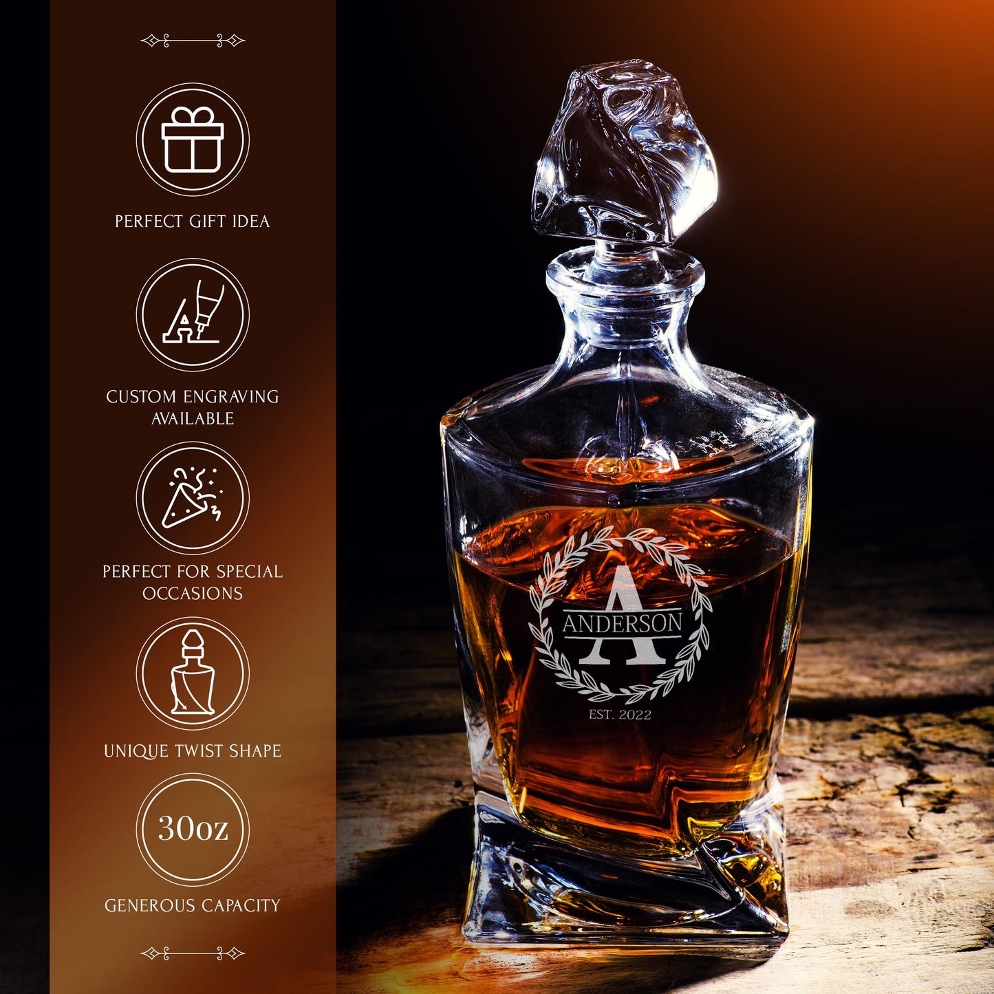 Personalized Whiskey Decanter and Glasses Set - Customized Gift for Him - Fathers Day Gift for Men, Dad, Father, Brother, Son - Engraved Twisted Whiskey Decanter, 4 XL Glasses in Wooden Gift Box