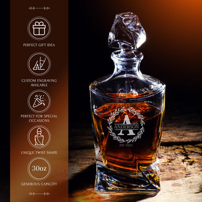 Personalized Whiskey Decanter and Glasses Set - Customized Gift for Him - Fathers Day Gift for Men, Dad, Father, Brother, Son - Engraved Twisted Whiskey Decanter, 4 XL Glasses in Wooden Gift Box