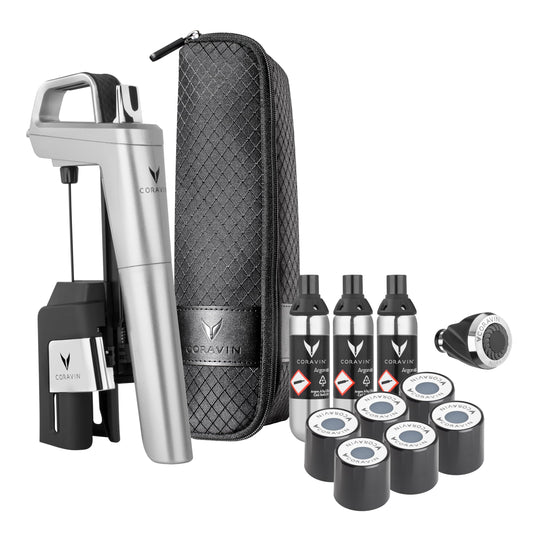 Coravin Timeless Six Plus Wine Preservation System - By-the-Glass Wine Saver - With 3 Pure Argon Gas Capsules, 6 Screw Caps & Wine Aerator - Silver