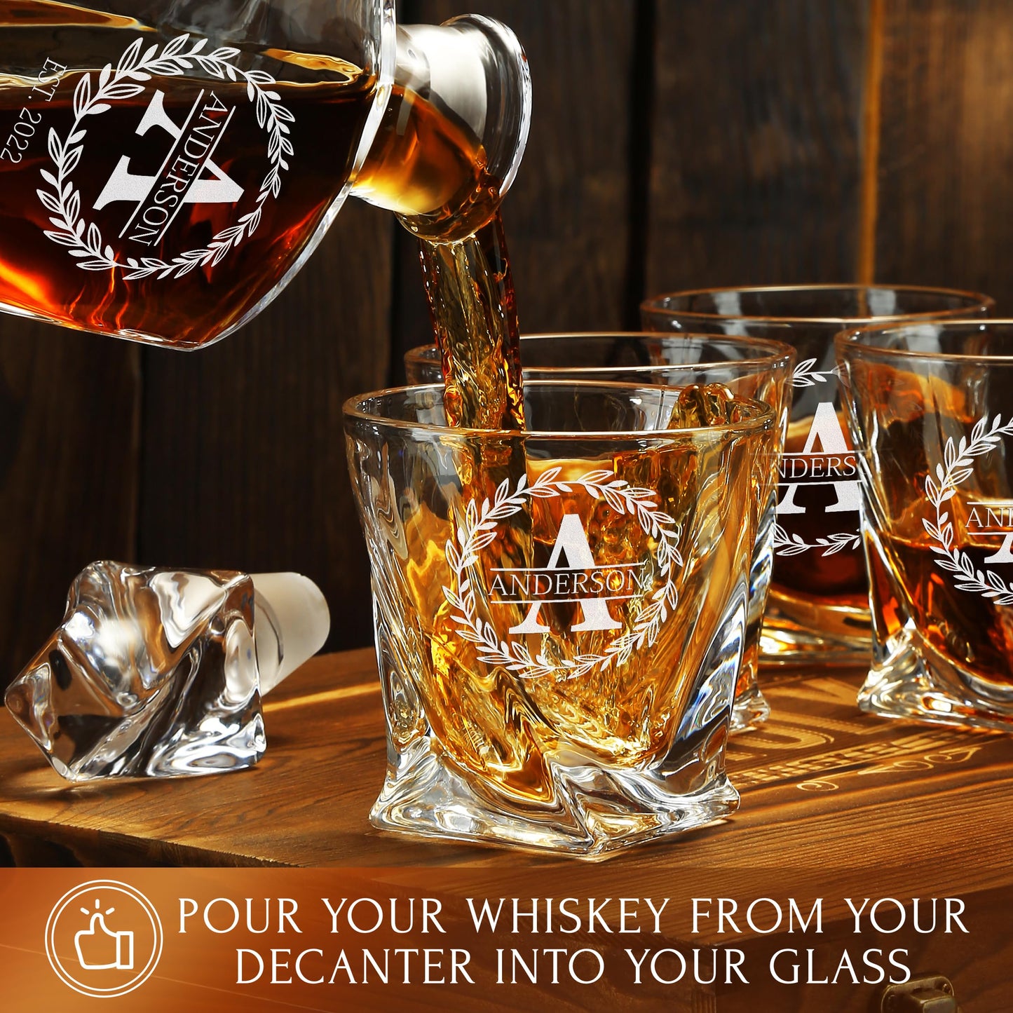 Personalized Whiskey Decanter and Glasses Set - Customized Gift for Him - Fathers Day Gift for Men, Dad, Father, Brother, Son - Engraved Twisted Whiskey Decanter, 4 XL Glasses in Wooden Gift Box