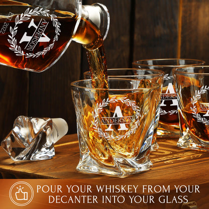 Personalized Whiskey Decanter and Glasses Set - Customized Gift for Him - Fathers Day Gift for Men, Dad, Father, Brother, Son - Engraved Twisted Whiskey Decanter, 4 XL Glasses in Wooden Gift Box