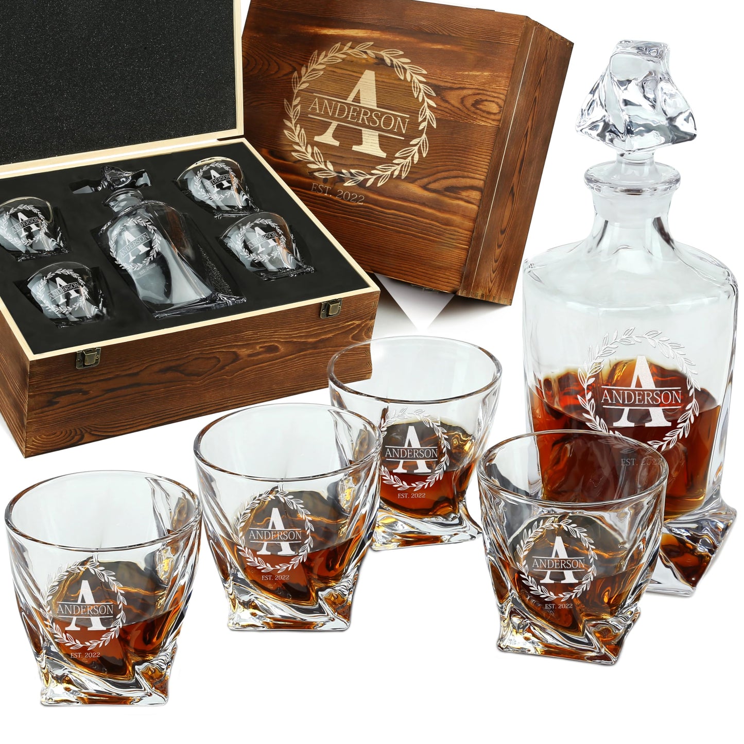 Personalized Whiskey Decanter and Glasses Set - Customized Gift for Him - Fathers Day Gift for Men, Dad, Father, Brother, Son - Engraved Twisted Whiskey Decanter, 4 XL Glasses in Wooden Gift Box