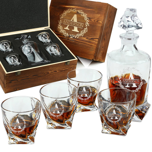 Personalized Whiskey Decanter and Glasses Set - Customized Gift for Him - Fathers Day Gift for Men, Dad, Father, Brother, Son - Engraved Twisted Whiskey Decanter, 4 XL Glasses in Wooden Gift Box