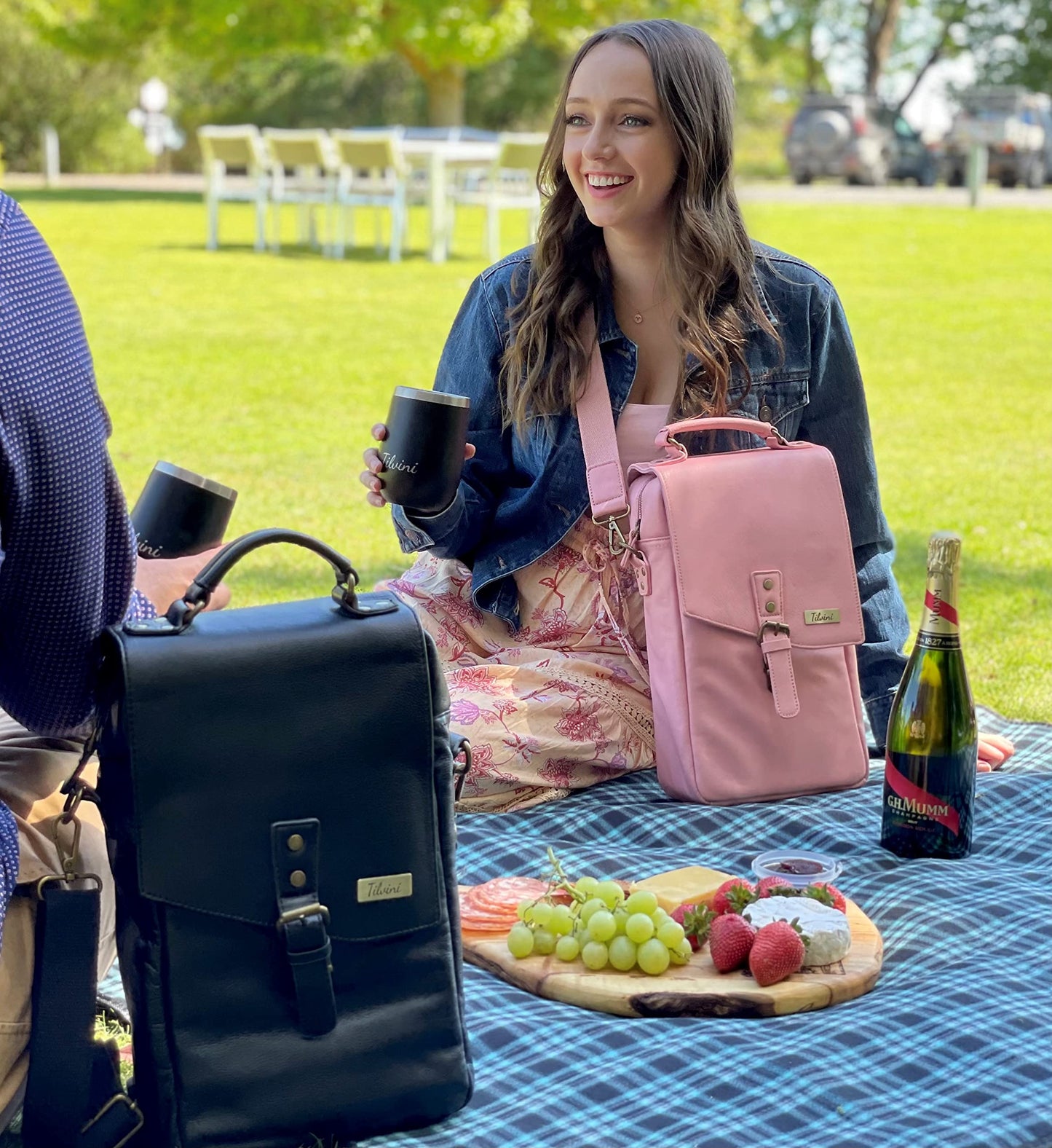 tilvini Insulated Leather Wine Bag & 2 Wine Tumblers Set. Leather Wine Bottle Carrier Tote. Wine Gifts For Men. Picnic Bag, Beach Wine Cooler Bag. Airplane Travel Byo Wine Carrier Case Couples Gift