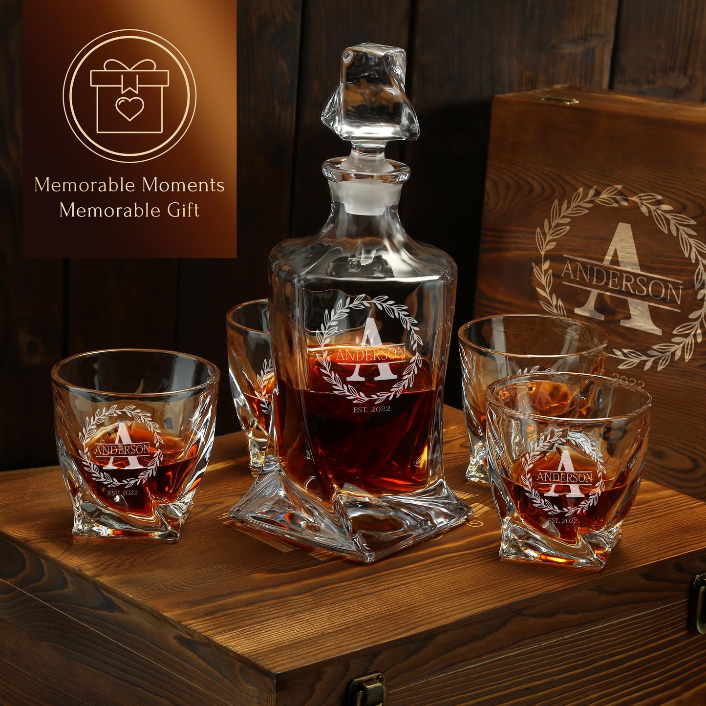 Personalized Whiskey Decanter and Glasses Set - Customized Gift for Him - Fathers Day Gift for Men, Dad, Father, Brother, Son - Engraved Twisted Whiskey Decanter, 4 XL Glasses in Wooden Gift Box