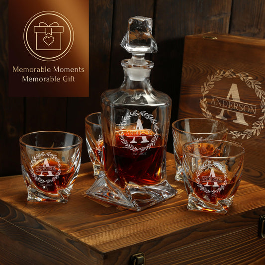 Personalized Whiskey Decanter and Glasses Set - Customized Gift for Him - Fathers Day Gift for Men, Dad, Father, Brother, Son - Engraved Twisted Whiskey Decanter, 4 XL Glasses in Wooden Gift Box