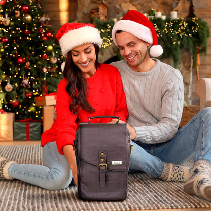 tilvini Insulated Leather Wine Bag & 2 Wine Tumblers Set. Leather Wine Bottle Carrier Tote. Wine Gifts For Men. Picnic Bag, Beach Wine Cooler Bag. Airplane Travel Byo Wine Carrier Case Couples Gift