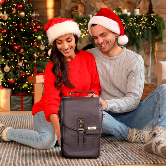 tilvini Insulated Leather Wine Bag & 2 Wine Tumblers Set. Leather Wine Bottle Carrier Tote. Wine Gifts For Men. Picnic Bag, Beach Wine Cooler Bag. Airplane Travel Byo Wine Carrier Case Couples Gift