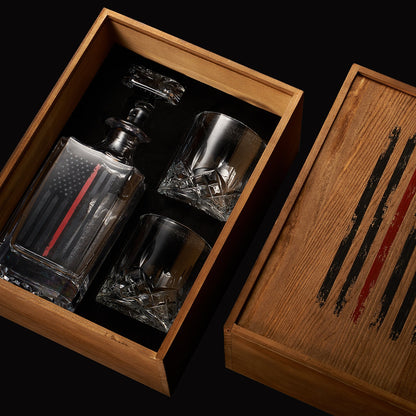 Firefighter Tactical Red Tattered American Flag Whiskey Decanter Gift Set | 730mL Decanter 2 Whiskey Glass | First Responder Gift for Fire Fighter, Red Rights, 2nd Amendment Gifts, FD Men, Dad, Him