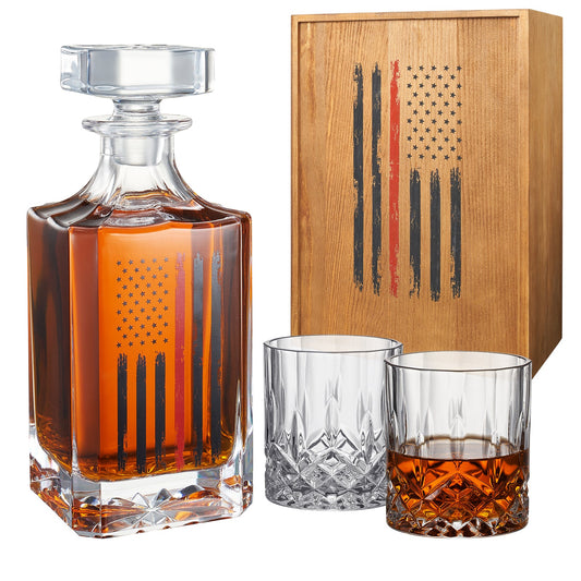 Firefighter Tactical Red Tattered American Flag Whiskey Decanter Gift Set | 730mL Decanter 2 Whiskey Glass | First Responder Gift for Fire Fighter, Red Rights, 2nd Amendment Gifts, FD Men, Dad, Him