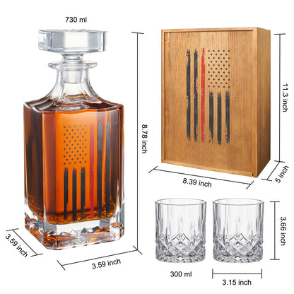 Firefighter Tactical Red Tattered American Flag Whiskey Decanter Gift Set | 730mL Decanter 2 Whiskey Glass | First Responder Gift for Fire Fighter, Red Rights, 2nd Amendment Gifts, FD Men, Dad, Him