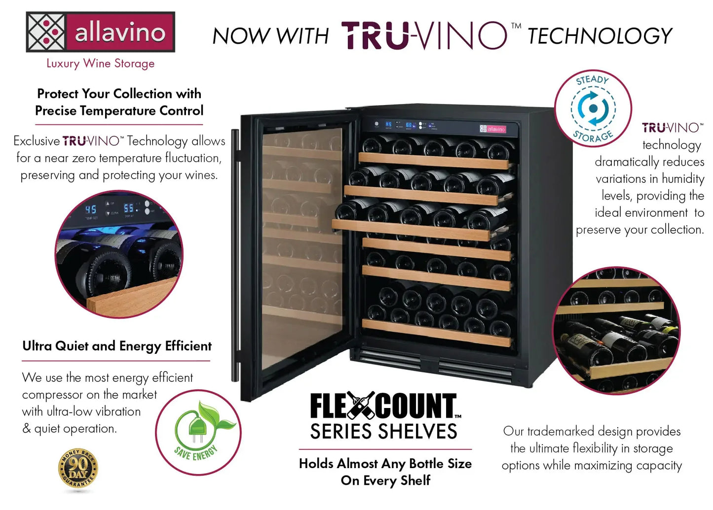 Allavino 24" Wide FlexCount II Tru-Vino 56 Bottle Single or Dual Zone Black Wine Refrigerator