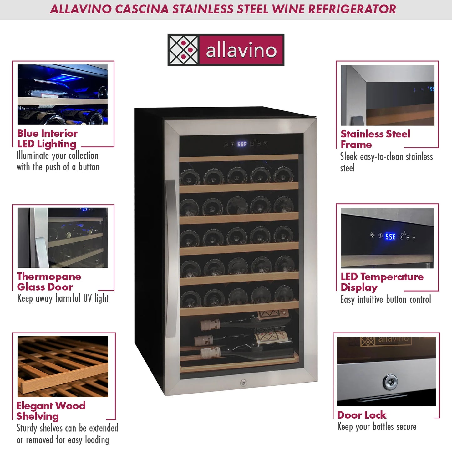 Allavino Cascina Series 33 Bottle Single Zone Freestanding Wine Refrigerator Cooler with Stainless Steel Door