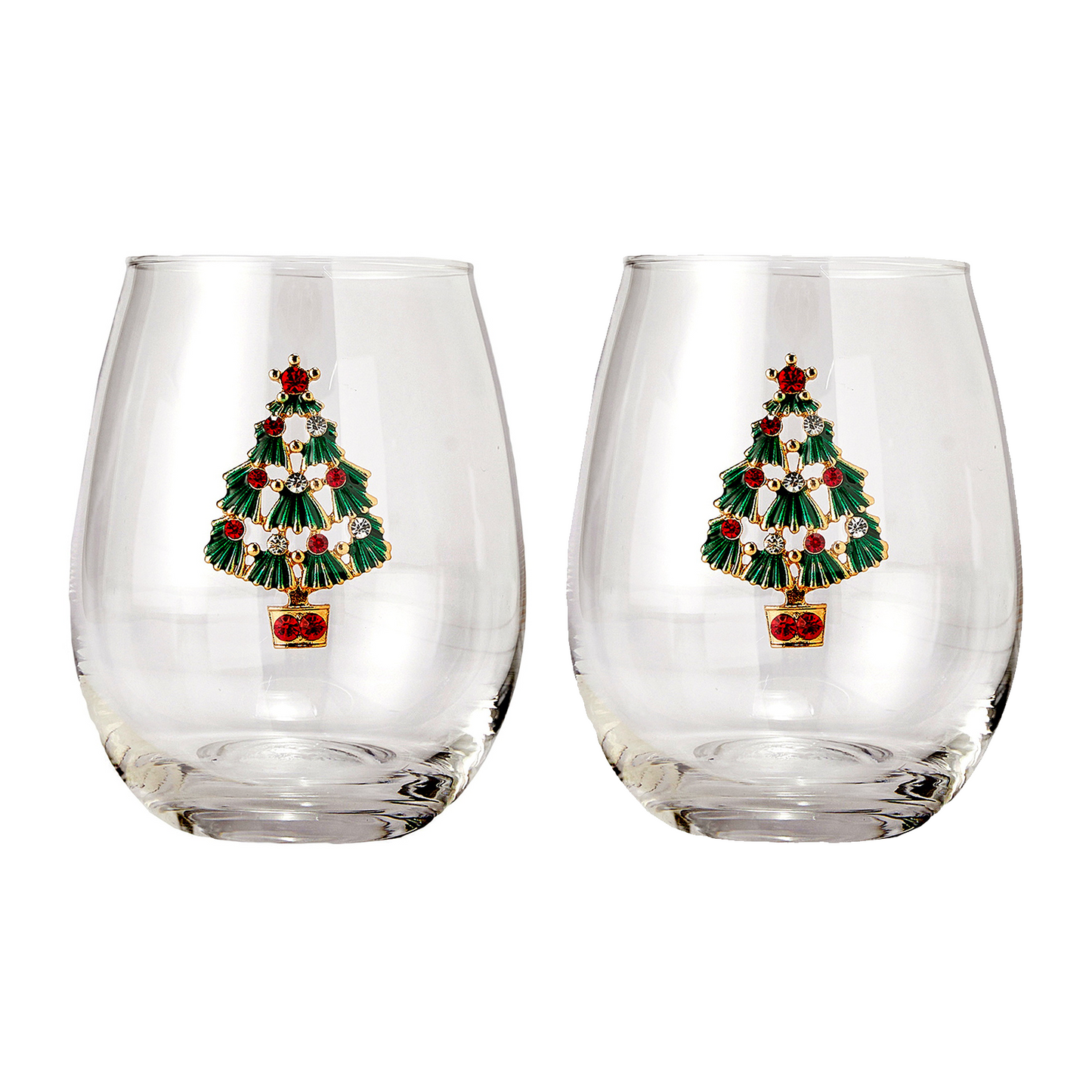Stemless Christmas Tree Wine Glasses - Set of 2 - Christmas Cheer for Holiday Gift and Winter Season - 18 oz Stemless Decorated Tree Ornament Wine Tumblers for Holiday Season and Winter 4.7" H
