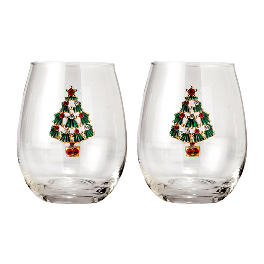 Stemless Christmas Tree Wine Glasses - Set of 2 - Christmas Cheer for Holiday Gift and Winter Season - 18 oz Stemless Decorated Tree Ornament Wine Tumblers for Holiday Season and Winter 4.7" H