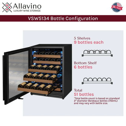 Allavino Reserva Series - 51 Bottle Single or Dual Zone Built-in Luxury Wine Refrigerator with Black Door
