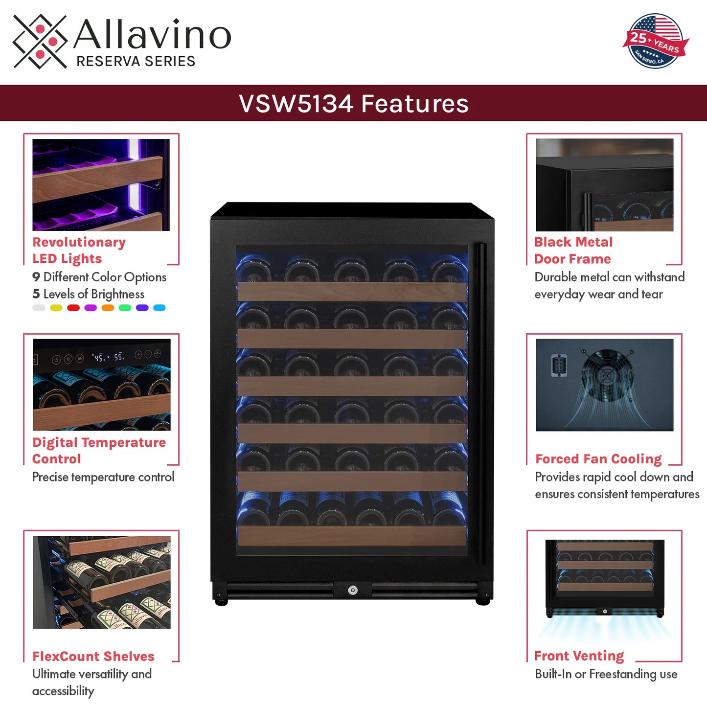 Allavino Reserva Series - 51 Bottle Single or Dual Zone Built-in Luxury Wine Refrigerator with Black Door