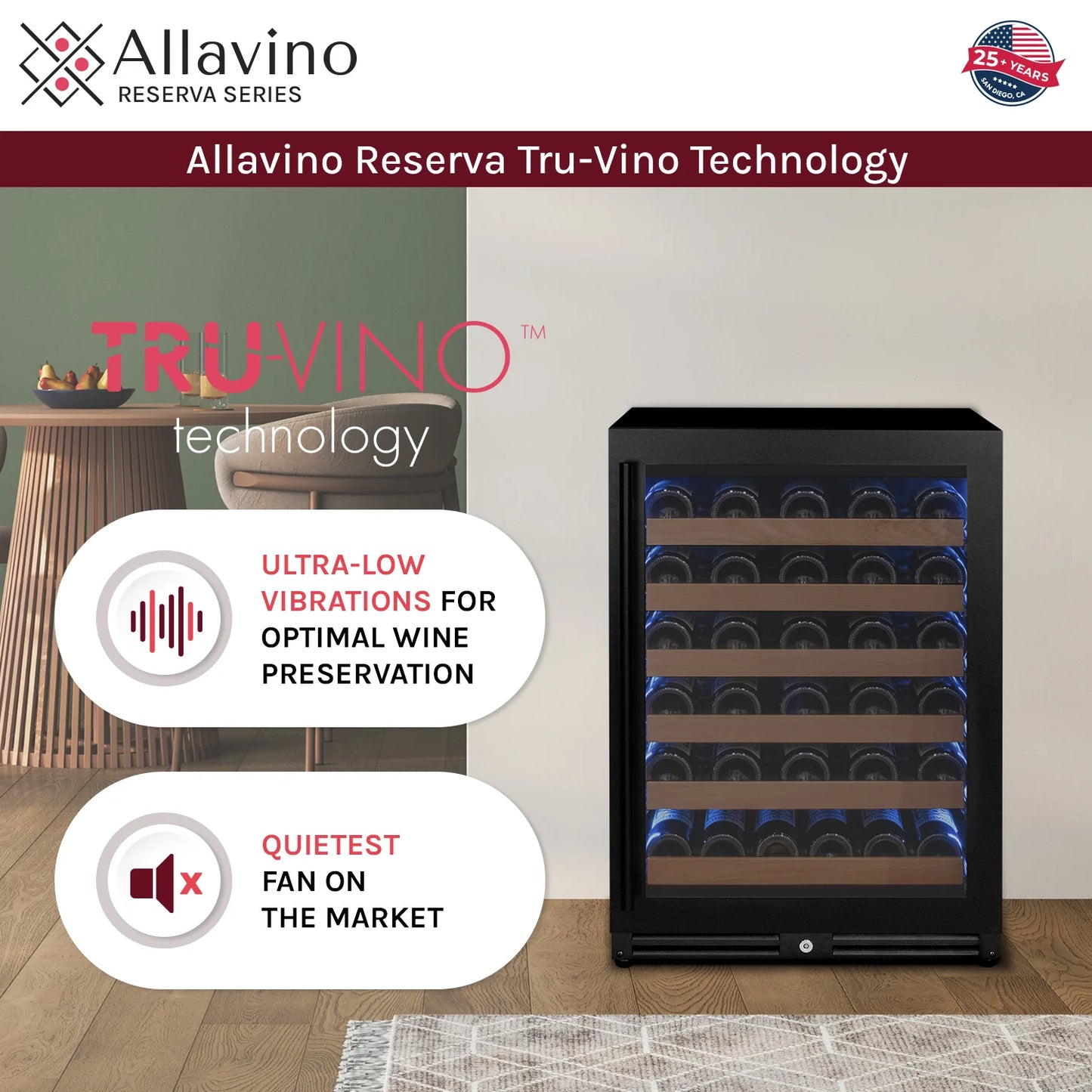 Allavino Reserva Series - 51 Bottle Single or Dual Zone Built-in Luxury Wine Refrigerator with Black Door