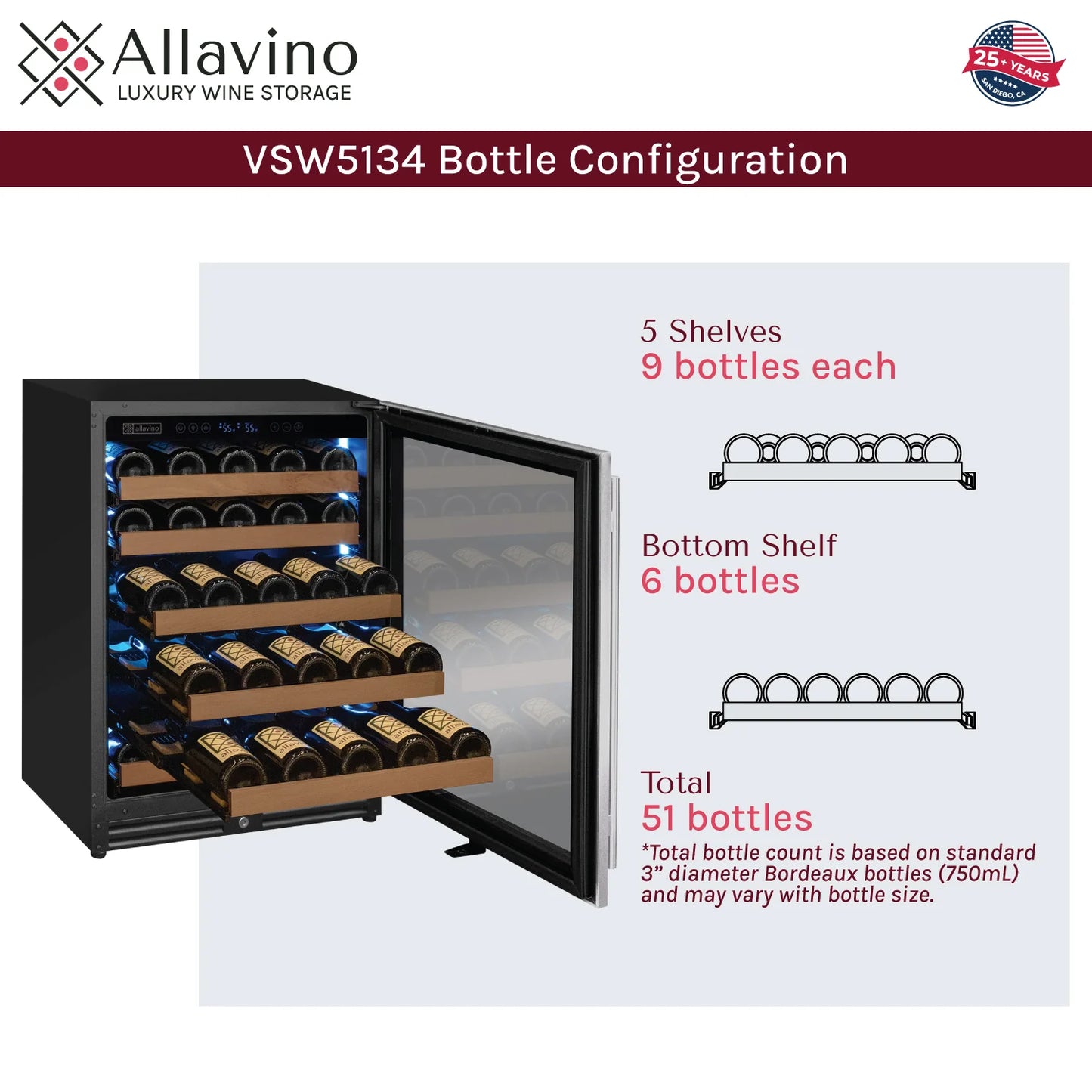 Allavino Reserva Series - 51 Bottle Single or Dual Zone Built-in Luxury Wine Refrigerator with Stainless Steel Door