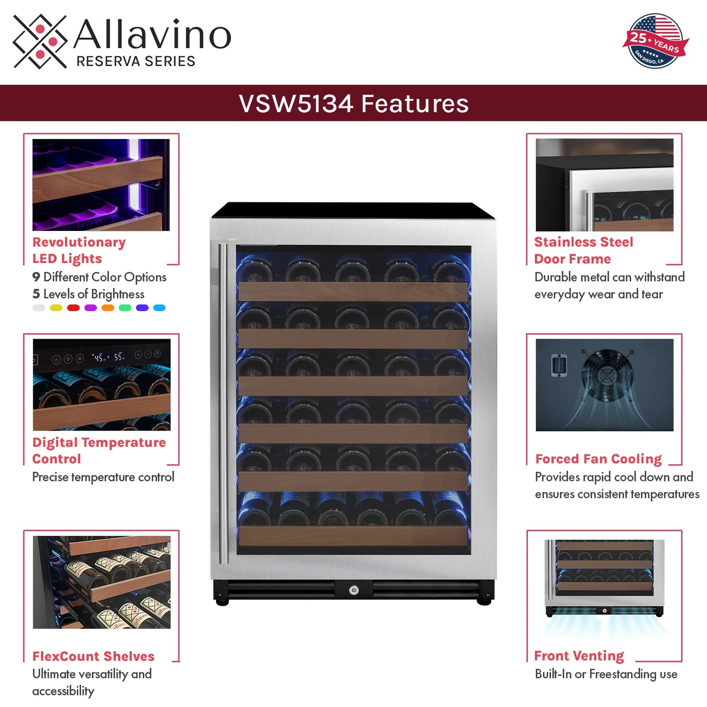 Allavino Reserva Series - 51 Bottle Single or Dual Zone Built-in Luxury Wine Refrigerator with Stainless Steel Door