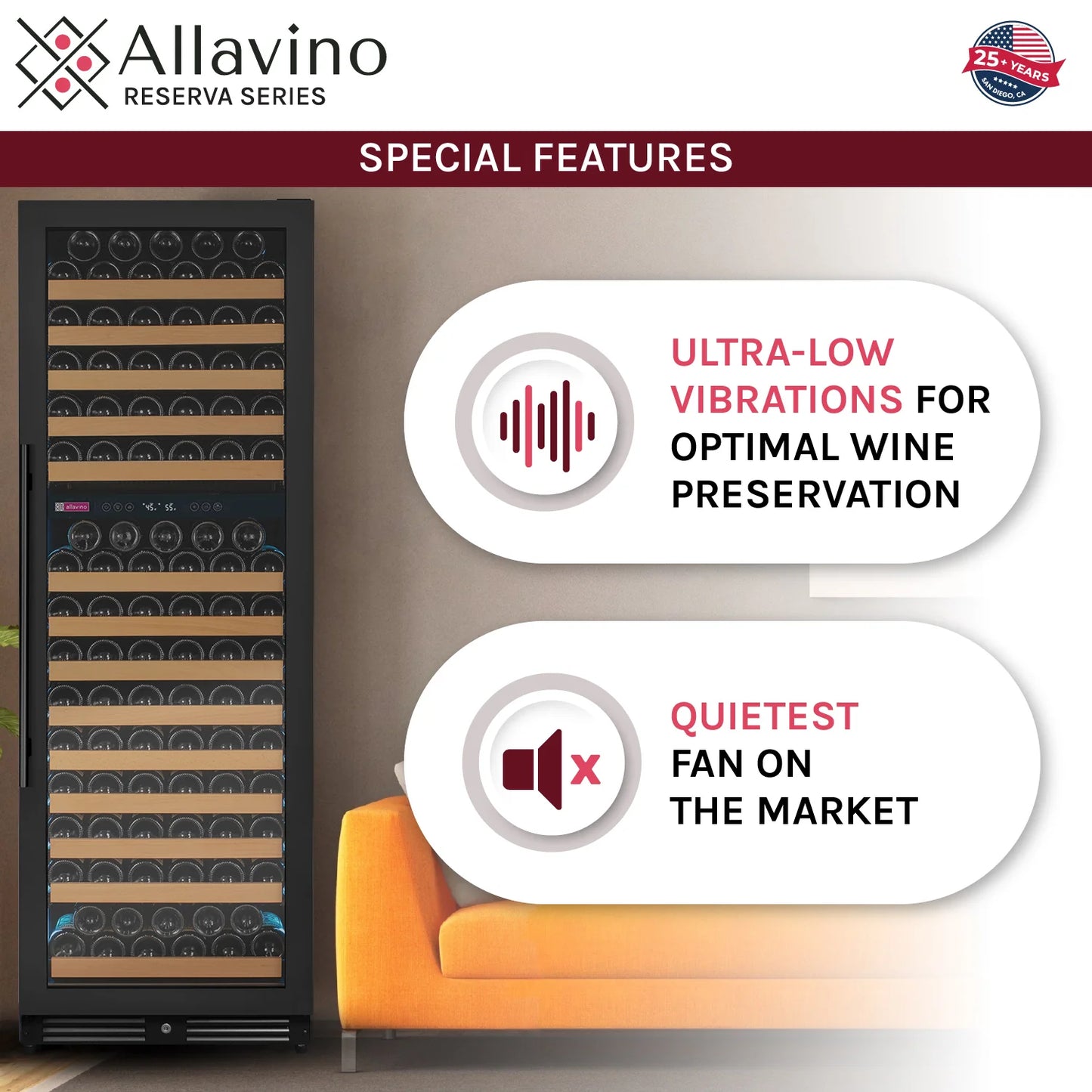 Allavino Reserva Series 172 Bottle Dual Zone Built-in Wine Refrigerator with Black Metal