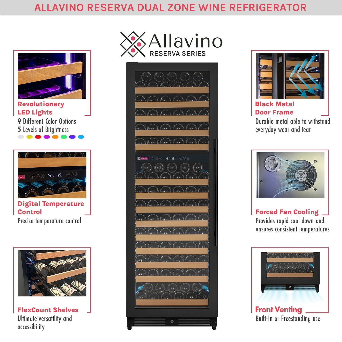 Allavino Reserva Series 172 Bottle Dual Zone Built-in Wine Refrigerator with Black Metal