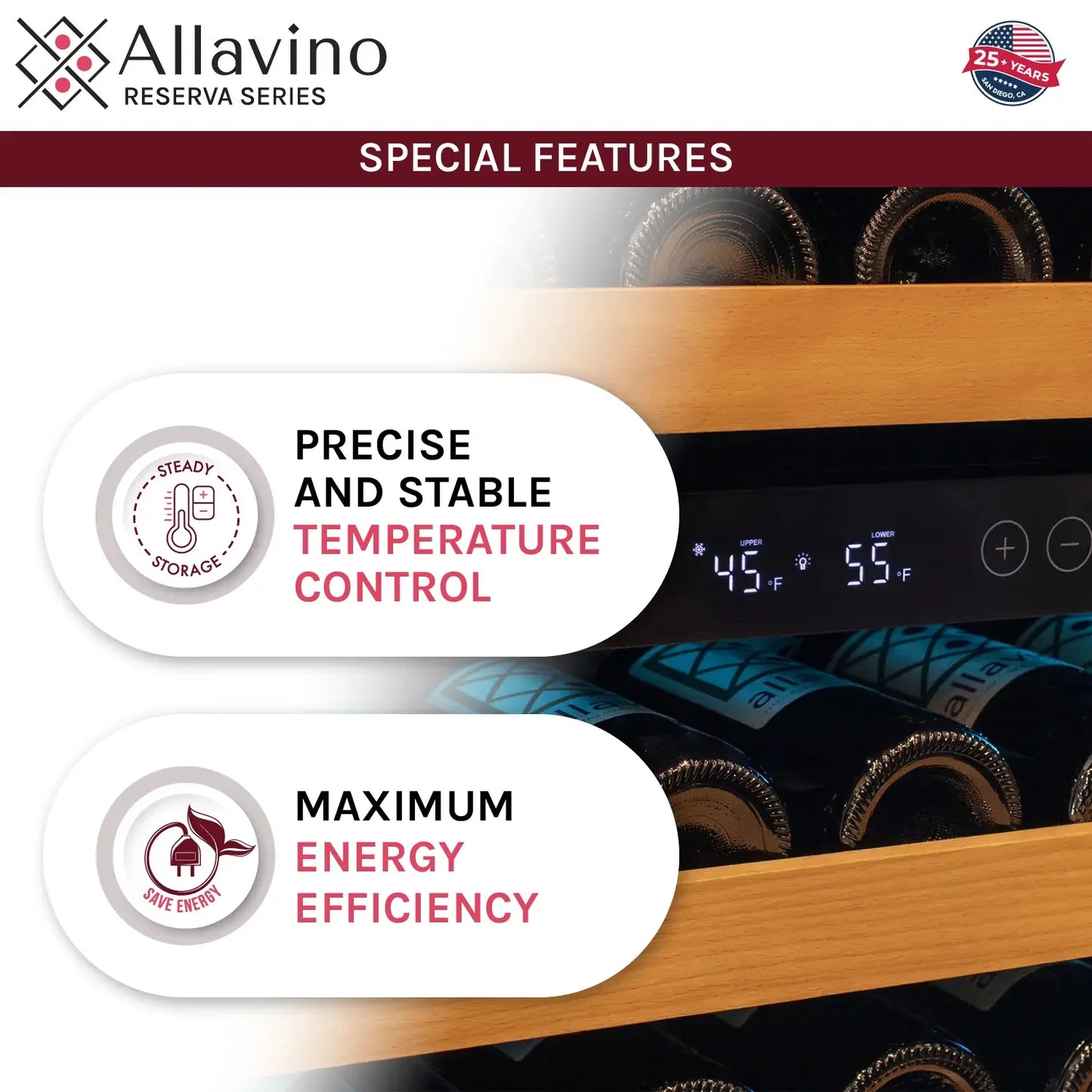 Allavino Reserva Series 172 Bottle Dual Zone Built-in Wine Refrigerator with Black Metal