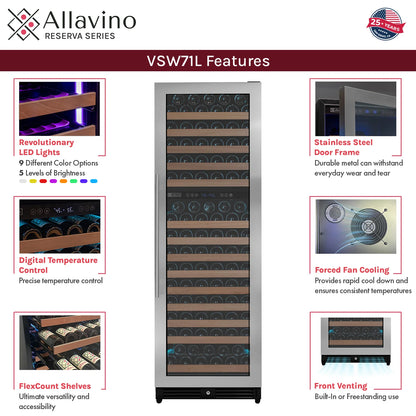 Allavino Reserva Series 172 Bottle Dual Zone Built-in Wine Refrigerator with Stainless Steel