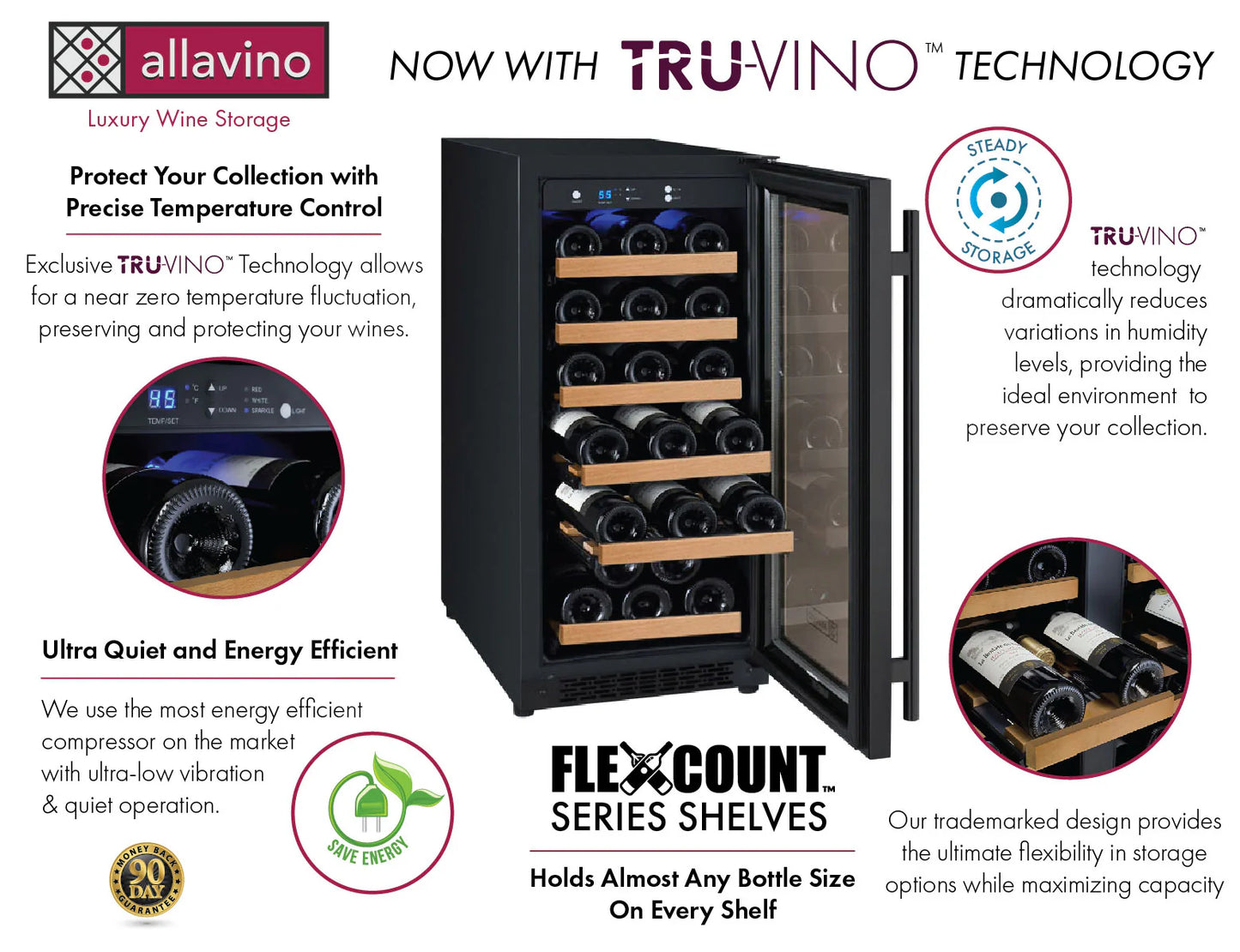 Allavino 15" Wide FlexCount II Tru-Vino 30 Bottle Single or Dual Zone Black Wine Refrigerator