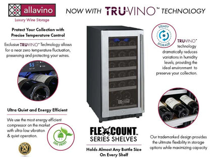 Allavino 15" Wide FlexCount II Tru-Vino 30 Bottle Single or Dual Zone Stainless Steel Wine Refrigerator