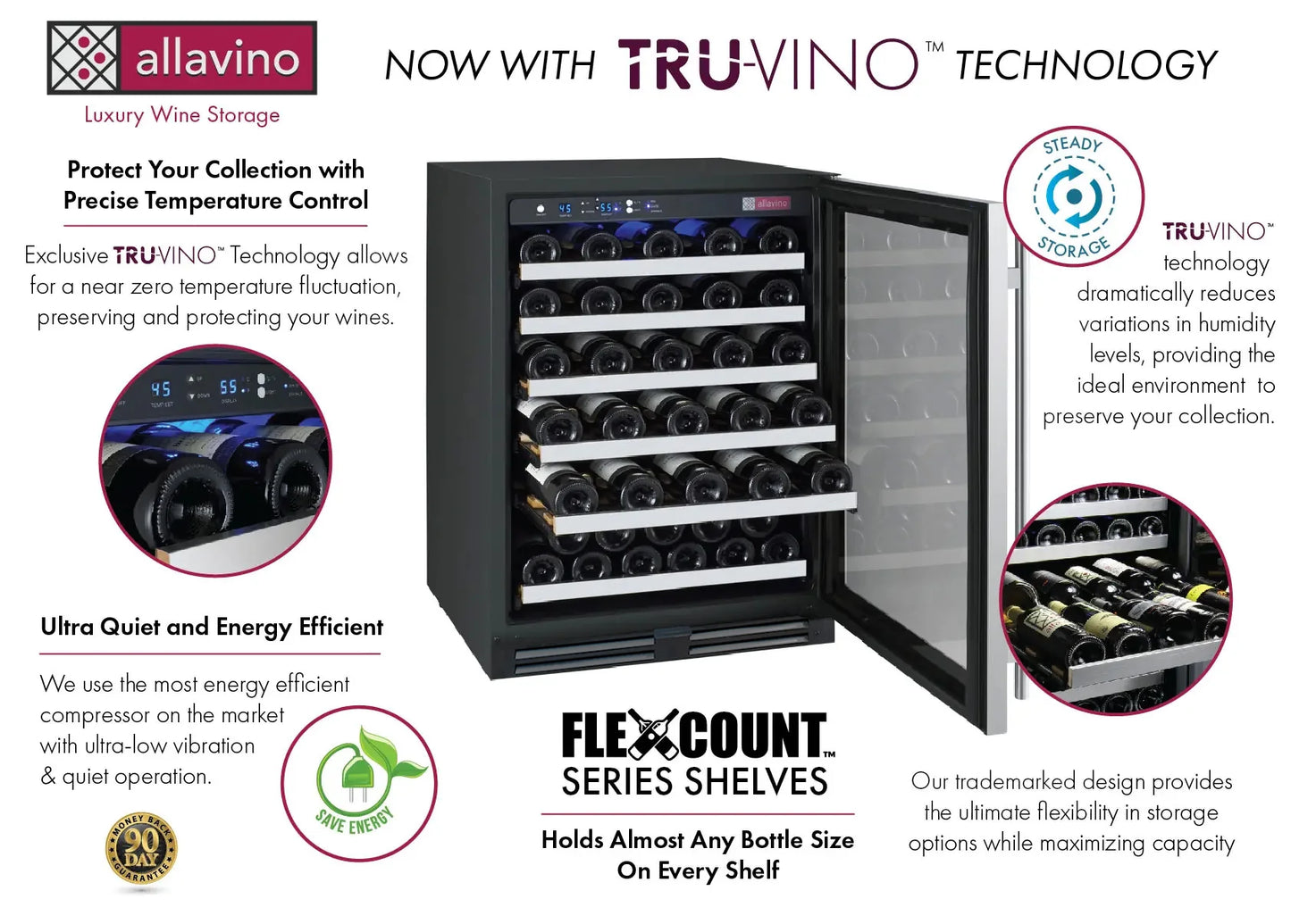 Allavino 24" Wide FlexCount II Tru-Vino 56 Bottle Single or Dual Zone Stainless Steel Wine Refrigerator