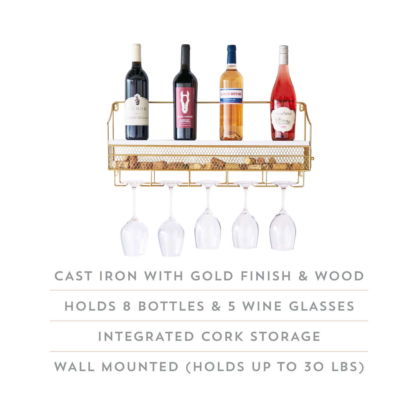 Wall Mounted Wine Rack & Cork Storage in Gold